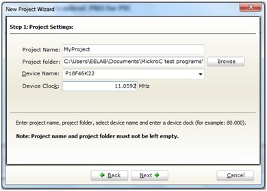 create new project in Mikro c for pic