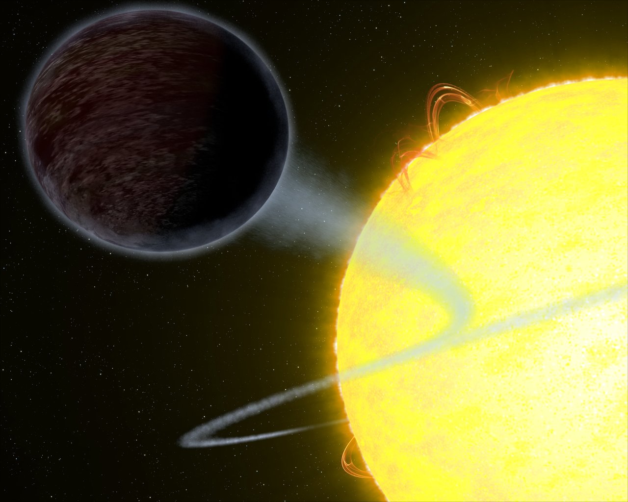 This image shows the exoplanet WASP-12b - an alien world as black as fresh asphalt, orbiting a star like our Sun